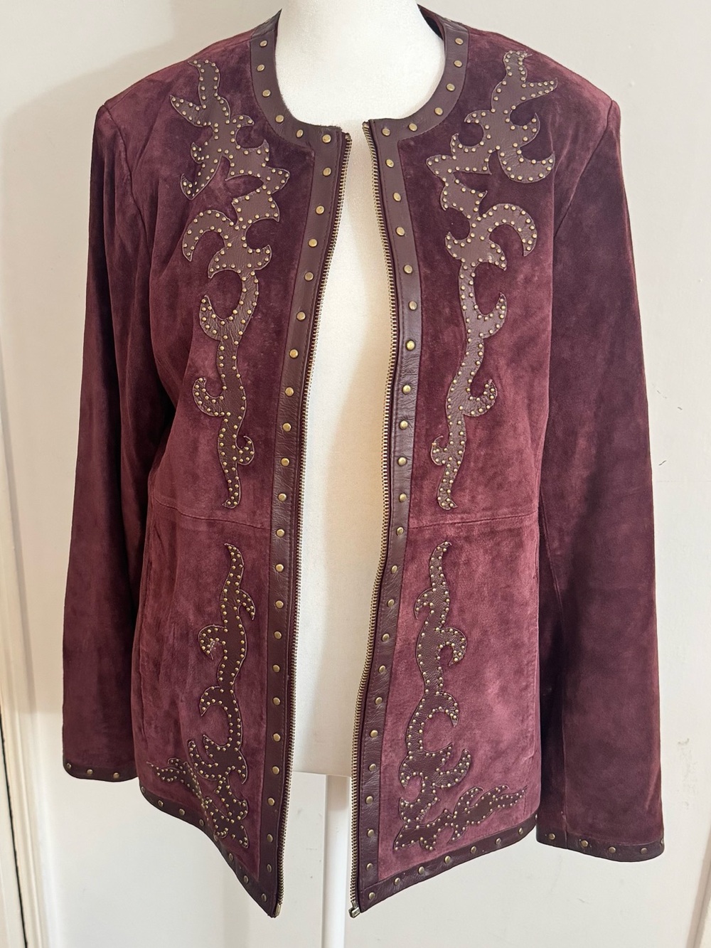 Linea by Louis Dell'Olio Burgundy Suede Stud-Trim Zip Jacket
